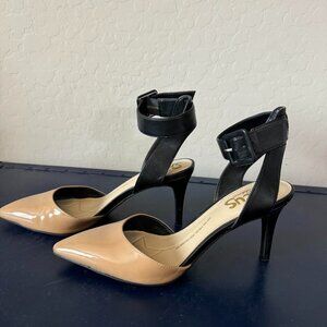 Sam Edelman Black and Beige Ankle Strap Heels